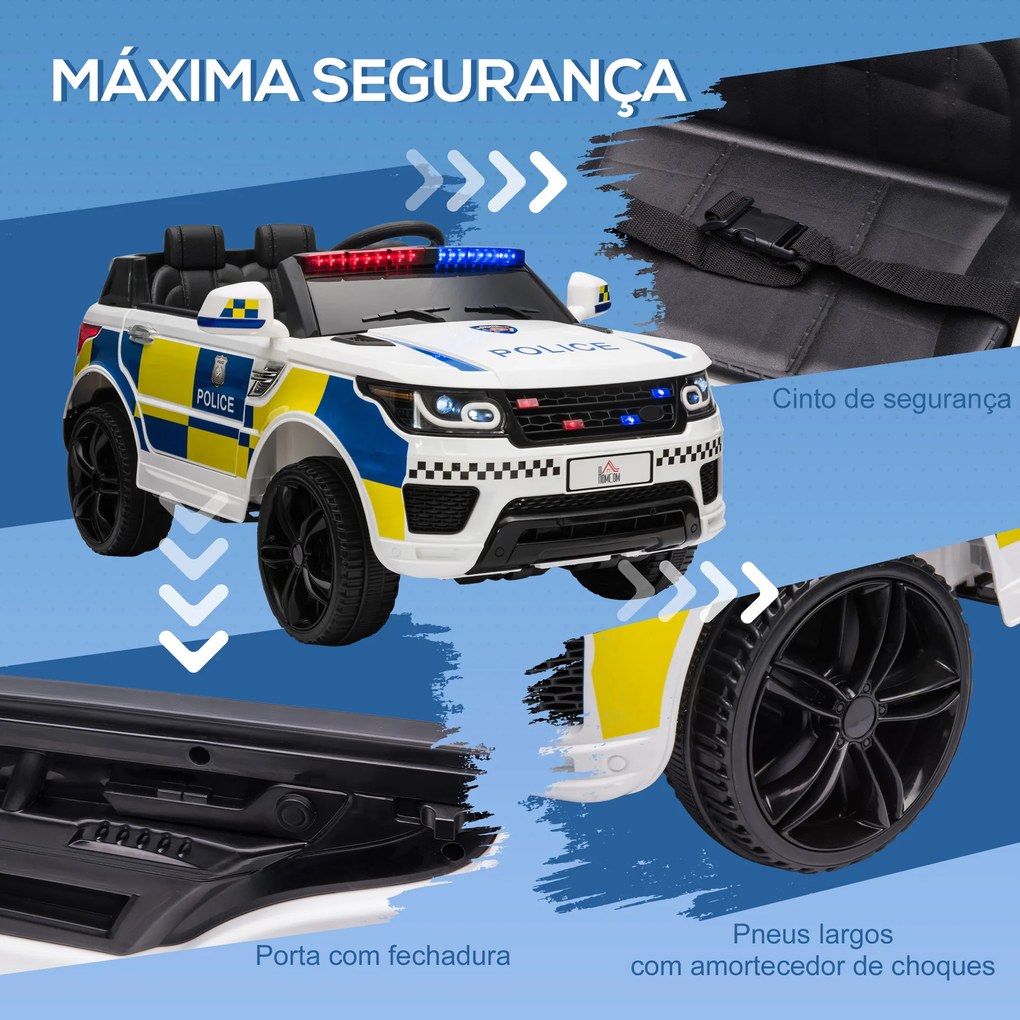 Carro Elétrico para Crianças Carro Elétrico Infantil de Policia 12V com Bluetooth USB Luz Sirene 110x68x52 cm  Branco