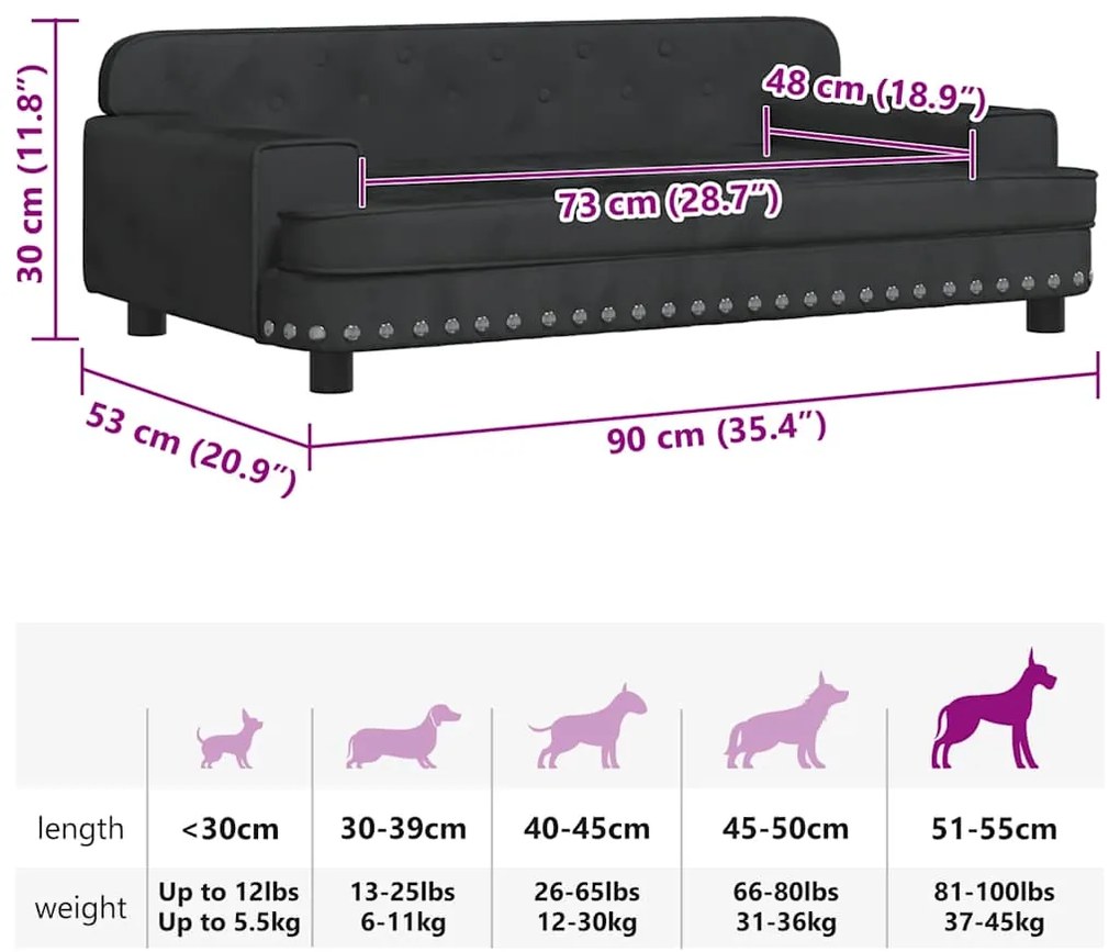 Cama para cães 90x53x30 cm veludo preto