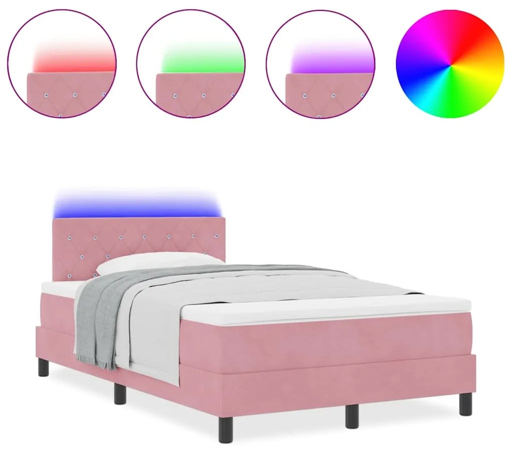 Cama Box com Colchão e LED Rosa 120x190 cm Veludo