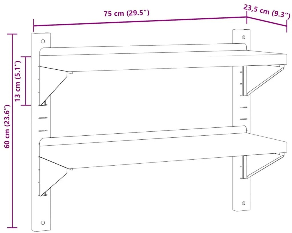 Estante parede 2 prateleiras 75x23,5x60 cm aço inoxidável prata