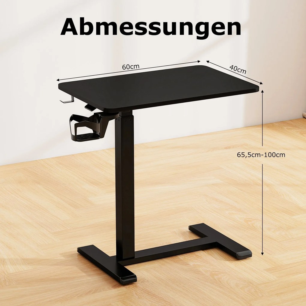 Mesa de computador com rodas ocultas, ajustável em altura com suporte para copos e gancho, preta