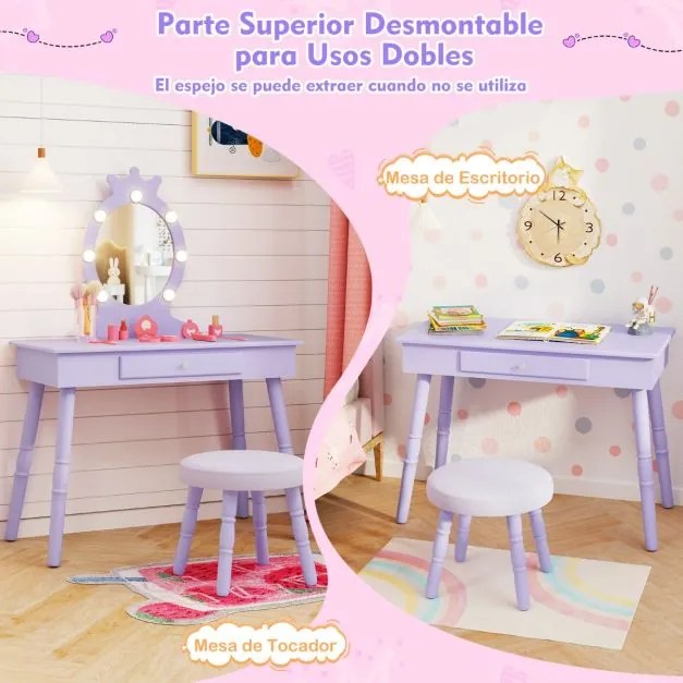 Conjunto de Toucador infantil com espelho iluminado e cadeira de princesa com brilho ajustável Gaveta e banquinho acolchoado roxo