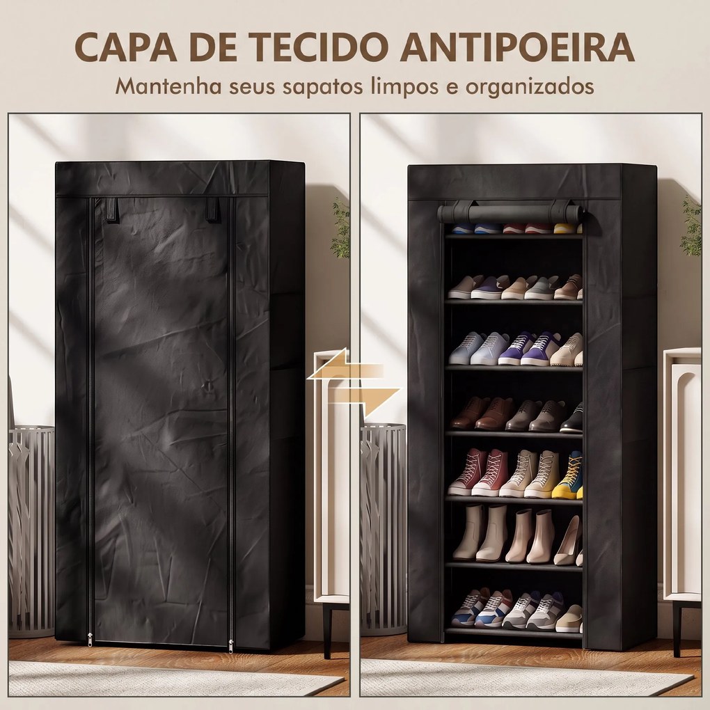 Sapateira de 7 Níveis em Aço com Capa em Tecido Não Tecido, 2 Bolsos, para 14-21 Pares, Preto