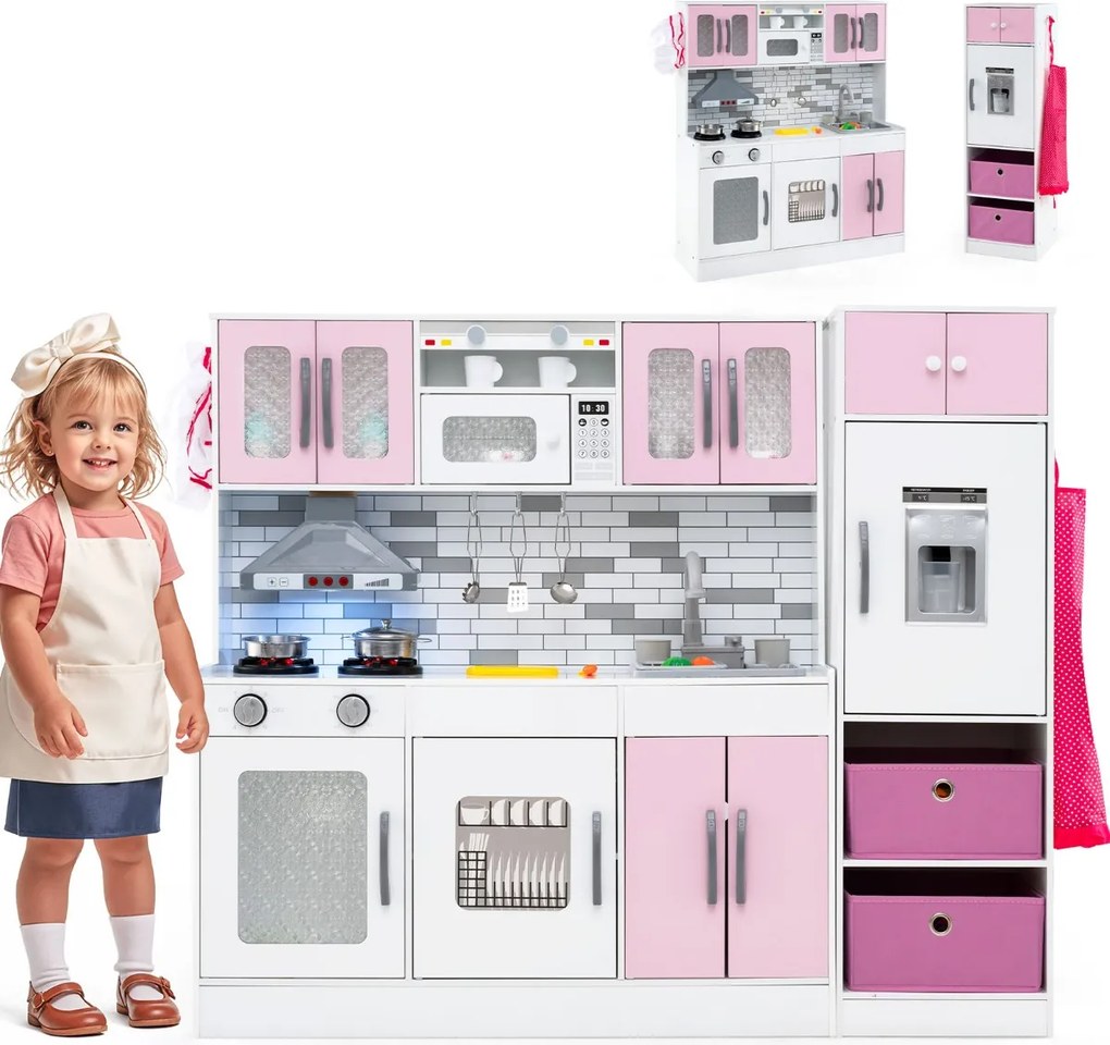 Cozinha brincar de madeira 118 x 29 x 100 cm com luzes e sons Cozinha modular de brincar e frigorífico com funções interativas rosa