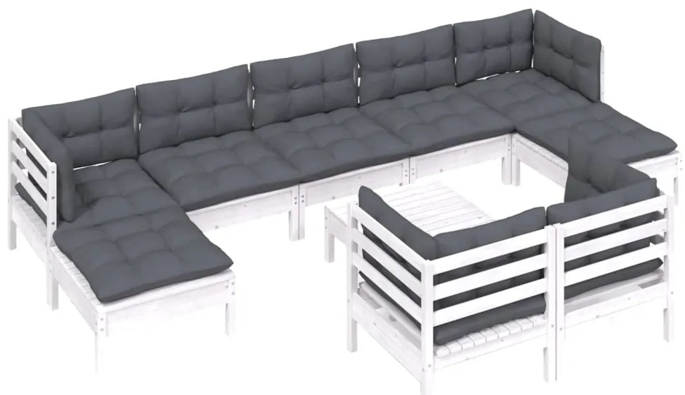 10 pcs conj. lounge de jardim c/ almofadões pinho maciço branco