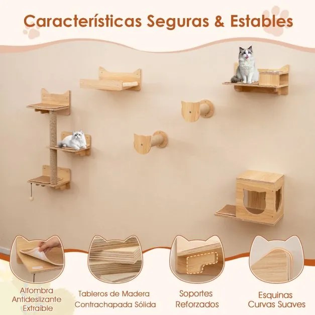 Conjunto de móveis de parede para gatos com 6 peças, rede, torre de salto com 3 níveis e 2 postes para arranhar, área de brincar natural
