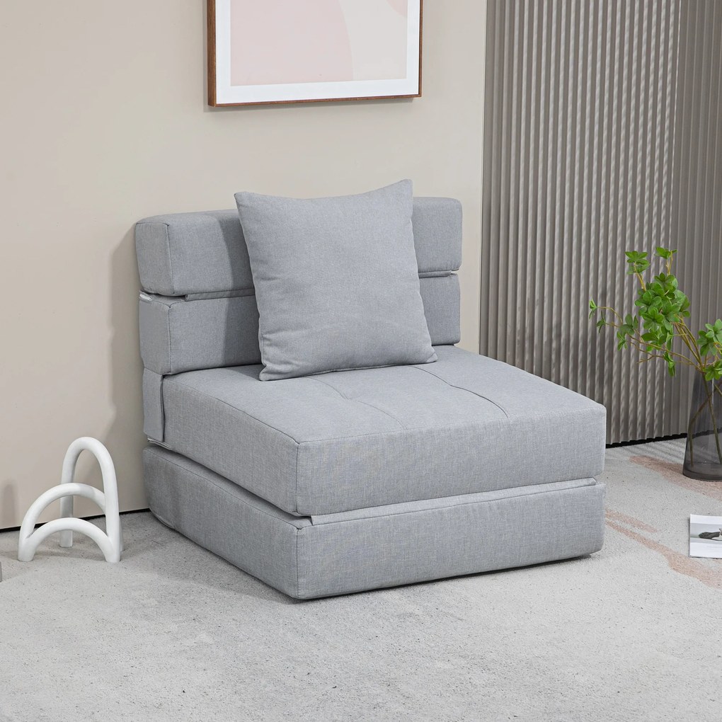 Poltrona-sofá-cama convertível de 1 lugar com 1 almofada com capa removível, tecido cinzento claro