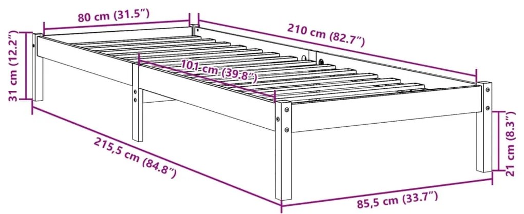 Cama extra longa sem colchão 80x210 cm madeira de pinho maciça