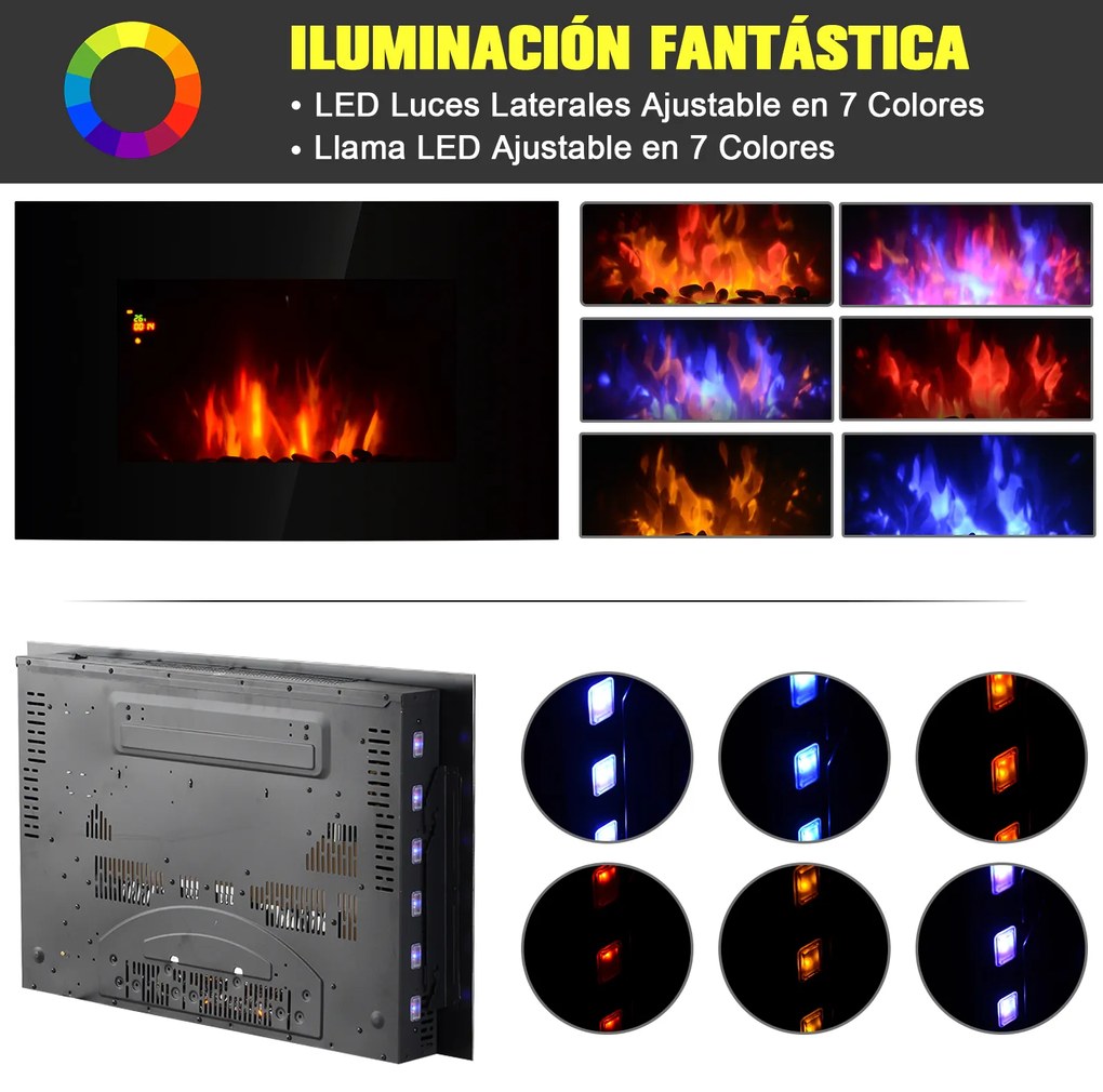 HomCom® Lareira Eléctrica de Parede 1000/2000W Comando a Distância 90x9,5x56 cm