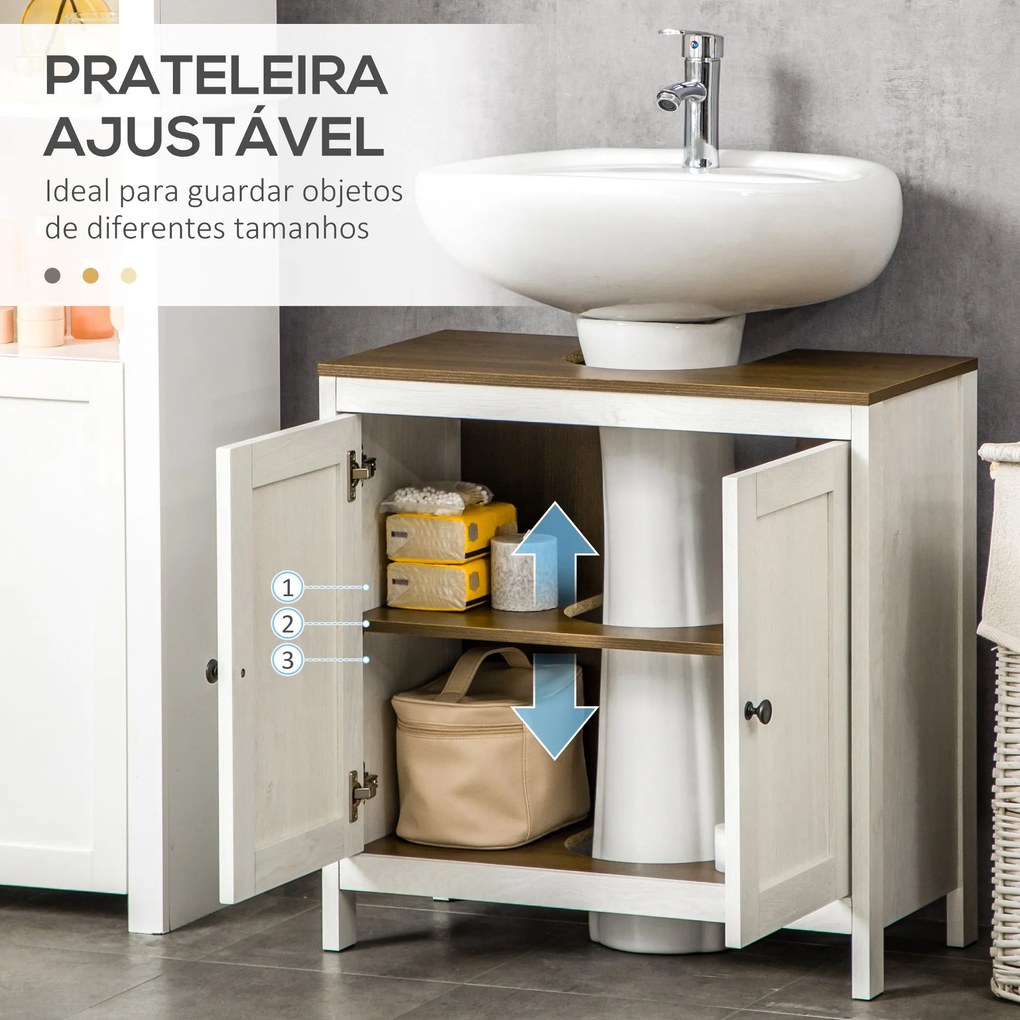 Móvel para Lavatório Pousar Armário para Casa de Banho de Madeira com 2 Portas e Prateleira Ajustável Estilo Moderno 60x30x60cm Branco Envelhecido e M