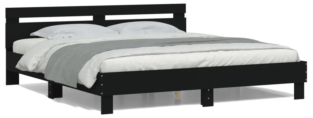 Estrutura de cama com cabeceira e luzes LED 160x200 cm preto