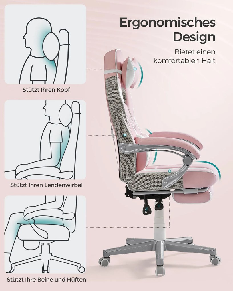 Cadeira Gaming com encosto reclinável e almofada para o apoio de cabeça Rosa pastel + branco creme