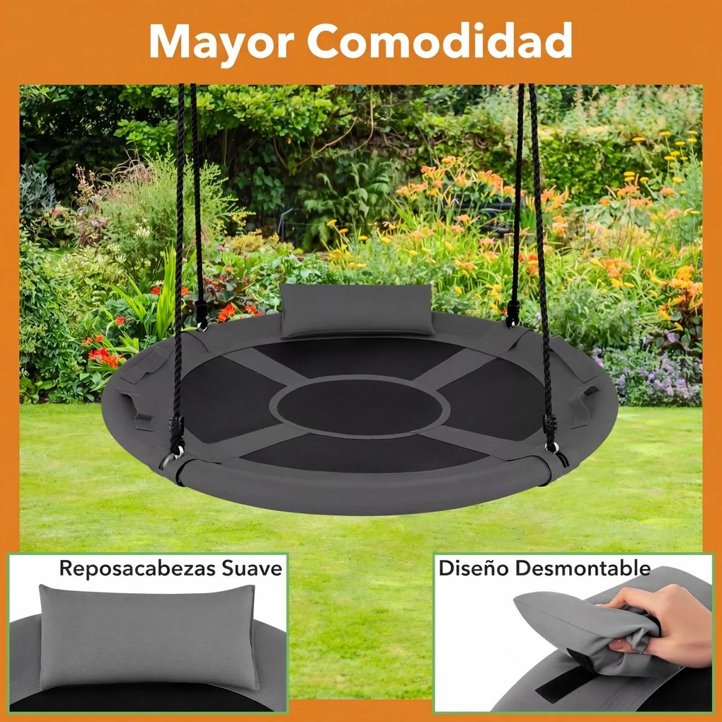 Baloiço redondo para crianças de 100 cm com correias ajustáveis, apoio de cabeça macio e alças, para uso interior e exterior, capacidade de 150 kg, a