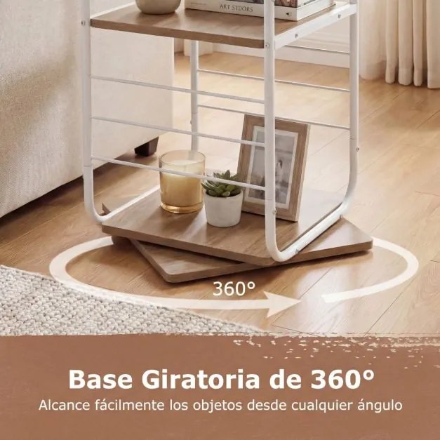 Estante giratória de 4 níveis Torre 360° com estrutura metálica 40 x 40 x 115 cm economiza espaço de canto para escritório, casa, sala, branca+Natural