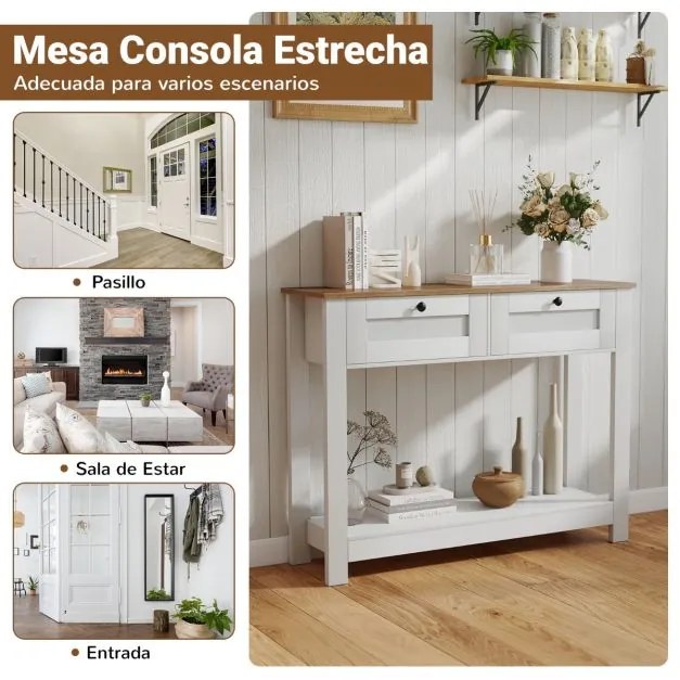 Mesa Consola Estilo Rústico 106 x 30 x 81,5 cm com 2 Gavetas e Prateleira de Armazenamento para Sala de Estar, Cozinha ou Sala de Jantar Branca