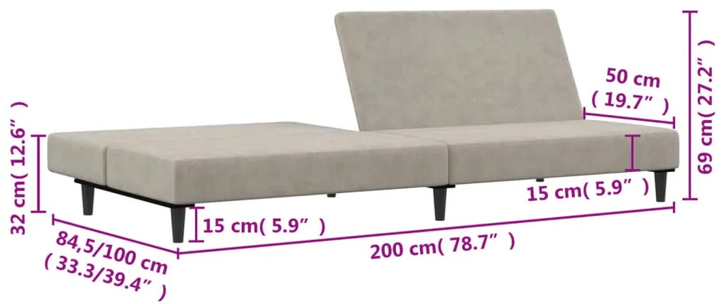Sofá-cama de 2 lugares veludo cinzento-claro