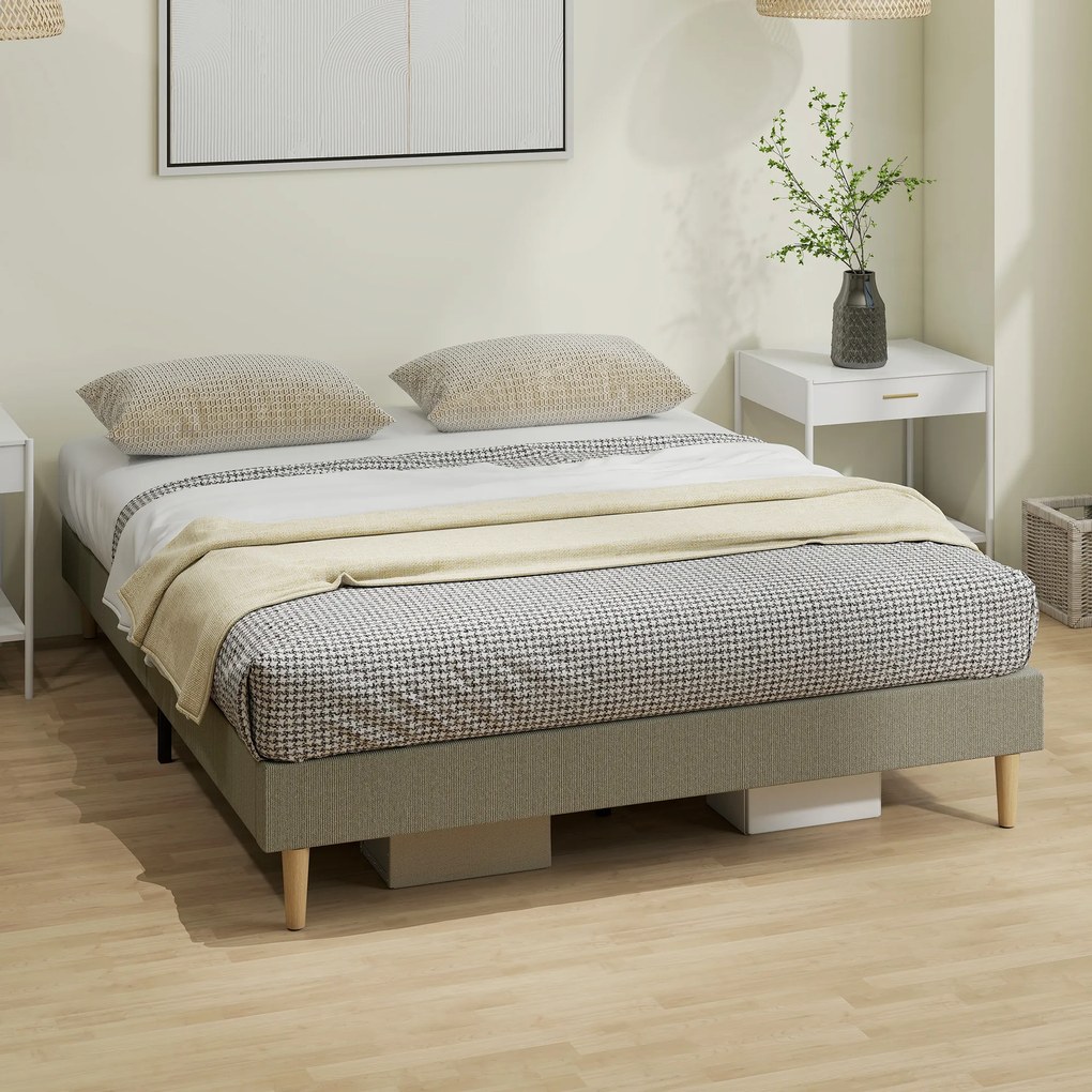 Estrutura de cama de 160 x 200 cm com base de ripas de madeira (COLCHÃO NÃO INCLUIDO), cama de casal estofada em veludo canelado, cinzenta