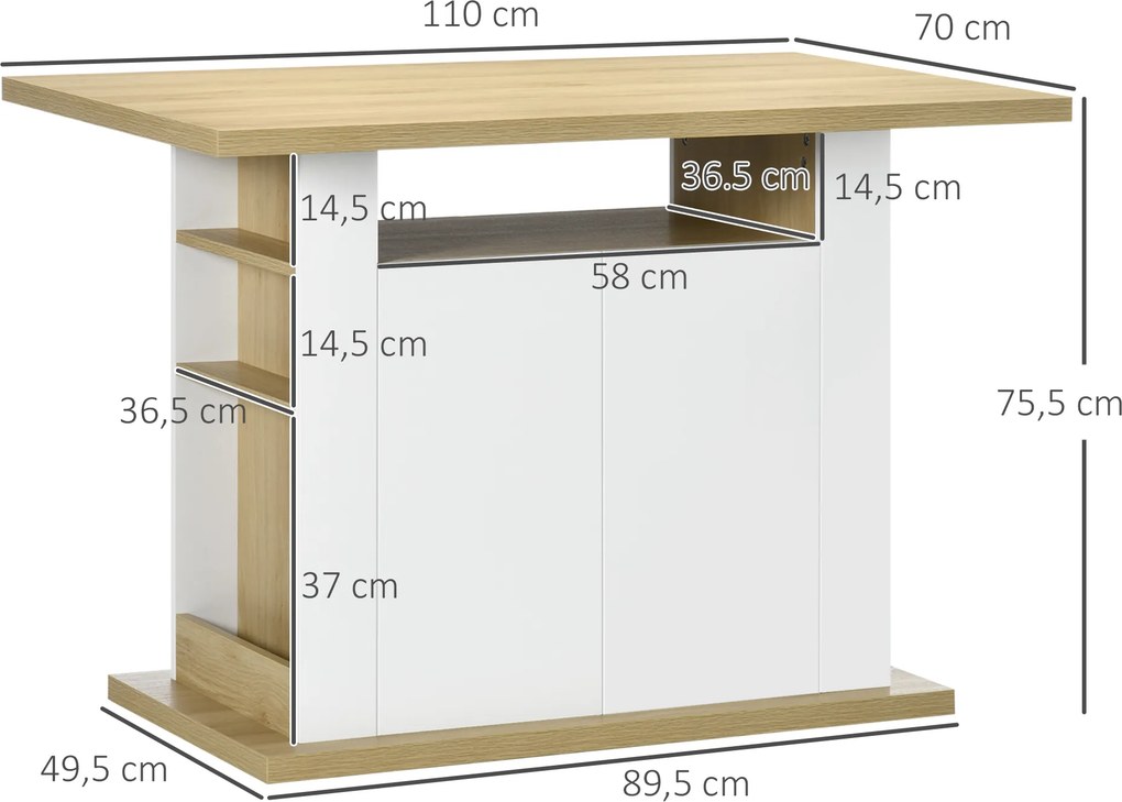 Ilha de Cozinha para 4-6 Pessoas 110x70x75,5 cm Móvel de Cozinha com 4 Portas Compartimentos Abertos  Cor Carvalho e Branco