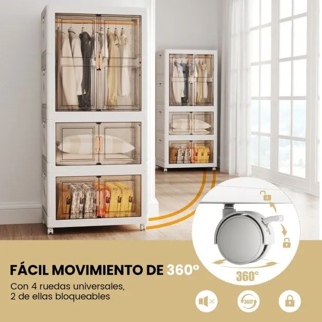 Caixas de arrumação dobráveis 421 L  71 x 46 x 156 cm com tampa de plástico portátil com 10 ganchos 2 Rodas Branco + Castanho