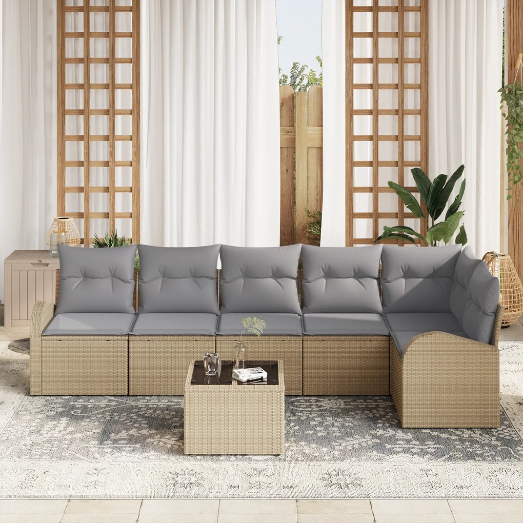 Conjunto de Sofá de Jardim 7 Peças com Almofadas Polyrattan Preto, Sof