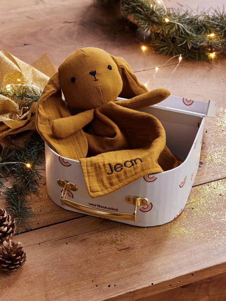 Boneco-doudou em gaze de algodão e mala ocre