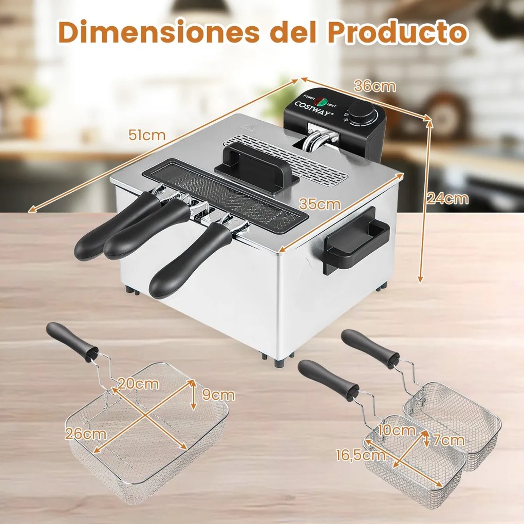 Fritadeira elétrica de 2000 W com 3 cestos Temperatura ajustável e tampa com janela de visualização uso doméstico Prata e preto