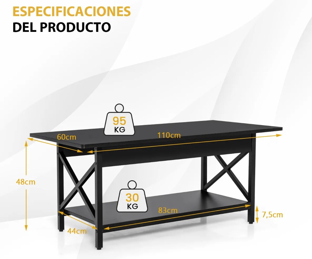 Mesa de centro retangular 110 x 60 x 48 cm industrial de 2 níveis com prateleira de armazenamento e estrutura metálica em forma de X Mesa preta