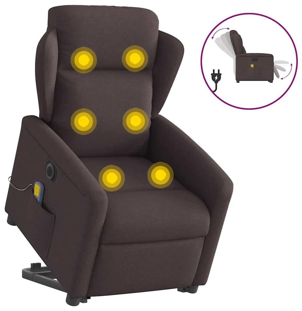 vidaXL Poltrona elétrica elevatória massagens tecido castanho-escuro