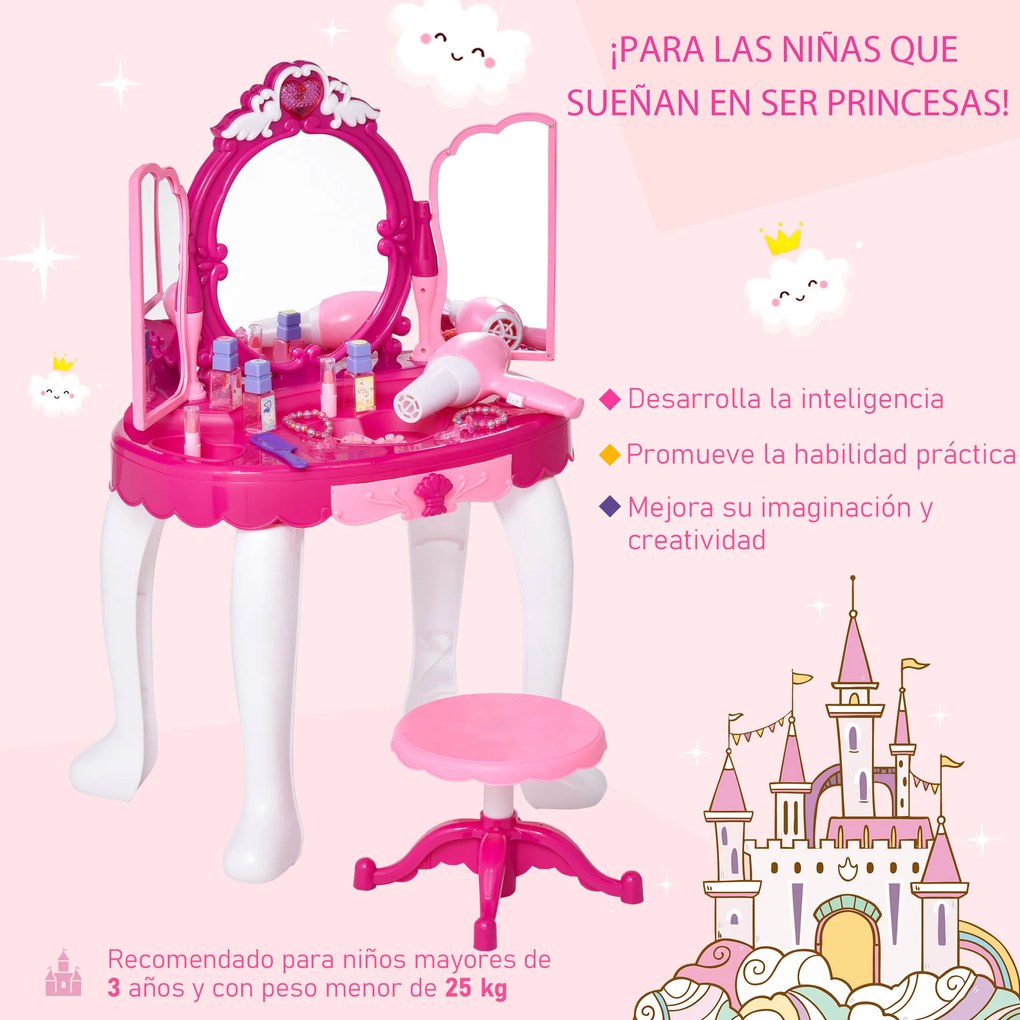 HOMCOM Conjunto de penteadeira para crianças acima de 3 anos penteadeira com banquinho música e iluminação espelho cosmeticos secador de cabelo esmaltes 45 x 30,5 x 72 cm