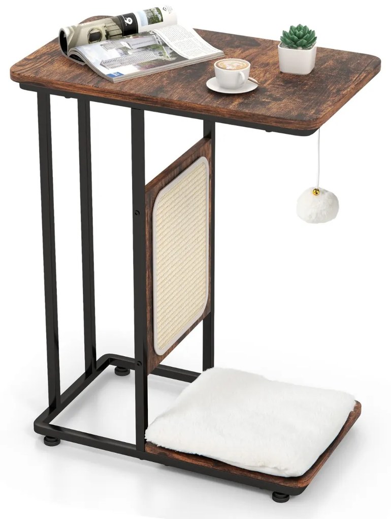 Arranhador para gatos com mesa de apoio em forma de C com tábua de arranhar Almofada amovível lavável Brinquedo pendurado 50 x 30 x 64 cm Castanho
