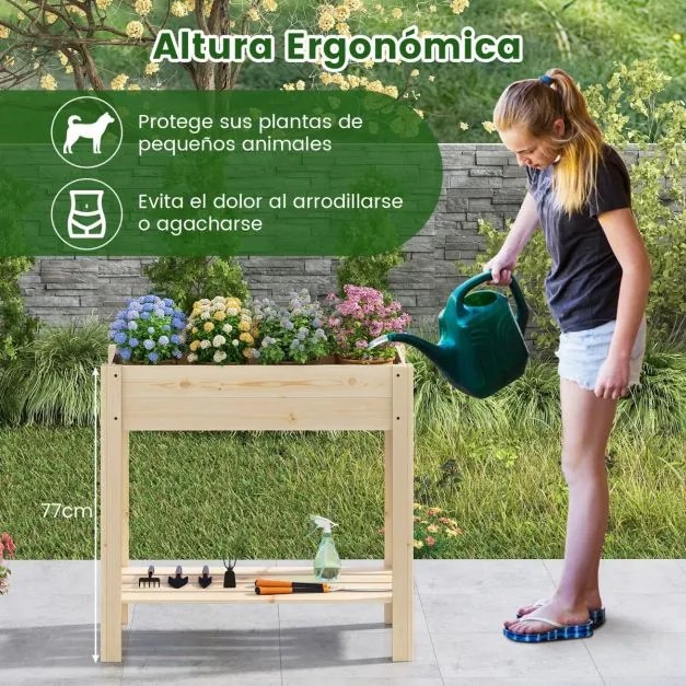 Floreira de Jardim 81 x 37 x 77 cm Elevada de Madeira com Pernas Floreira Elevada com Estante Drenagem Caixa de Plantação Interior e Exterior Floreira