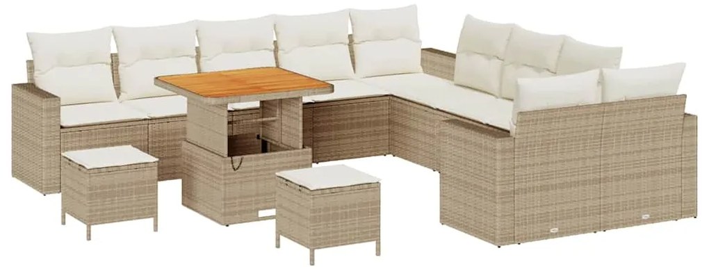 Conjunto de Sofá de Jardim de 13 Peças com Almofadas Bege Rattan Polié
