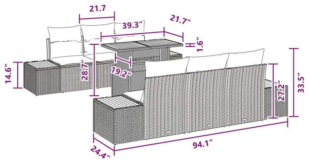 Conjunto de Jantar de Jardim de 7 Peças com Almofadas Pretas de Rattan
