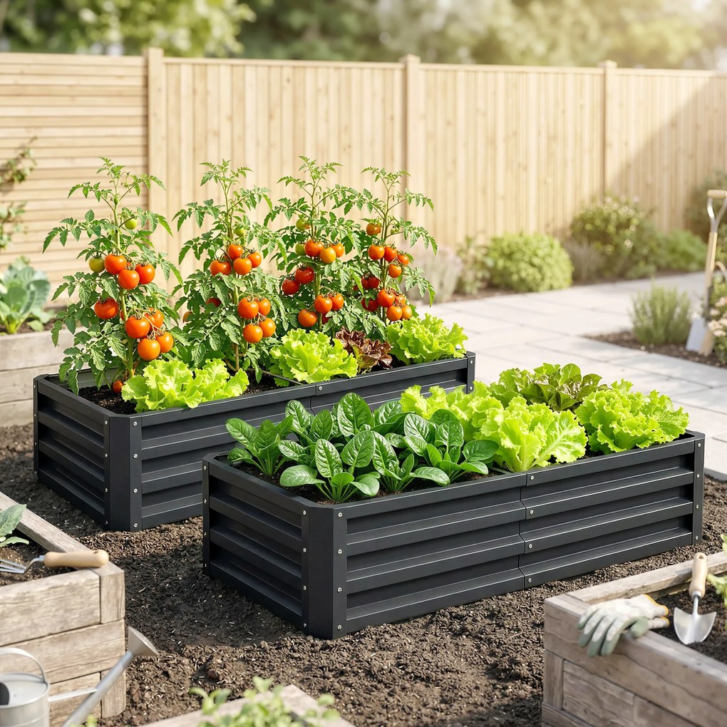 Conjunto de 2 floreiras retangulares de jardim em chapa de aço ondulada, 120 x 60 x 30,5 cm cinzento