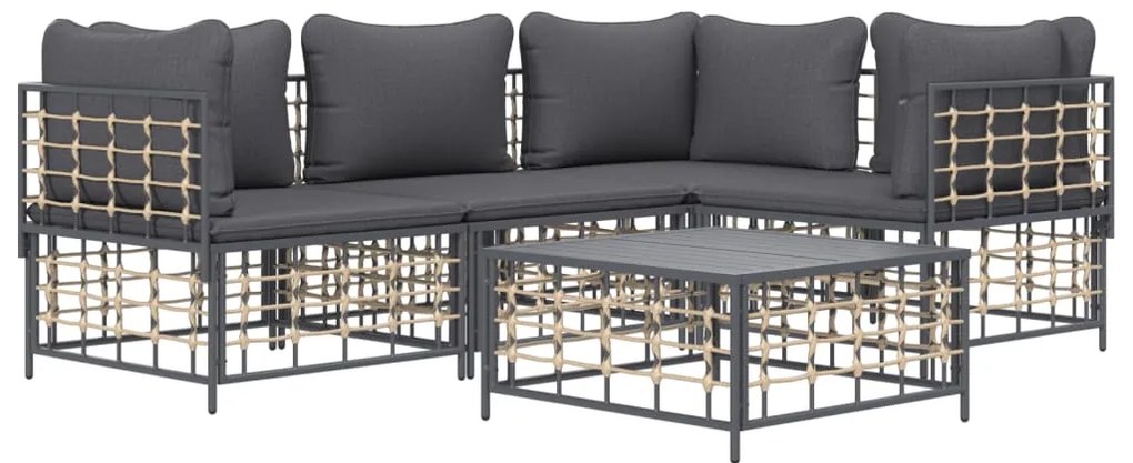 5 pcs conjunto lounge de jardim c/ almofadões vime PE antracite