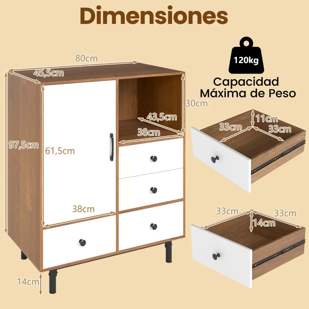 Armário com 4 gavetas e compartimento aberto, com pés de metal 80 x 45,5 x 97,5 cm, cor natural e branco