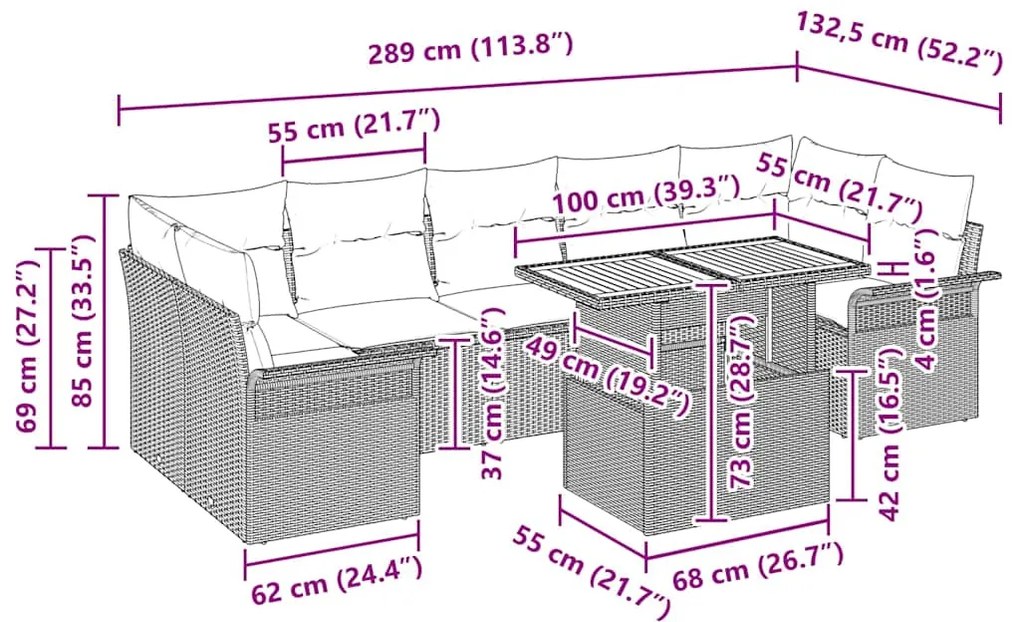 Sofá de Jardim com 8 Peças e Almofadas Bege em Rattan e Acácia