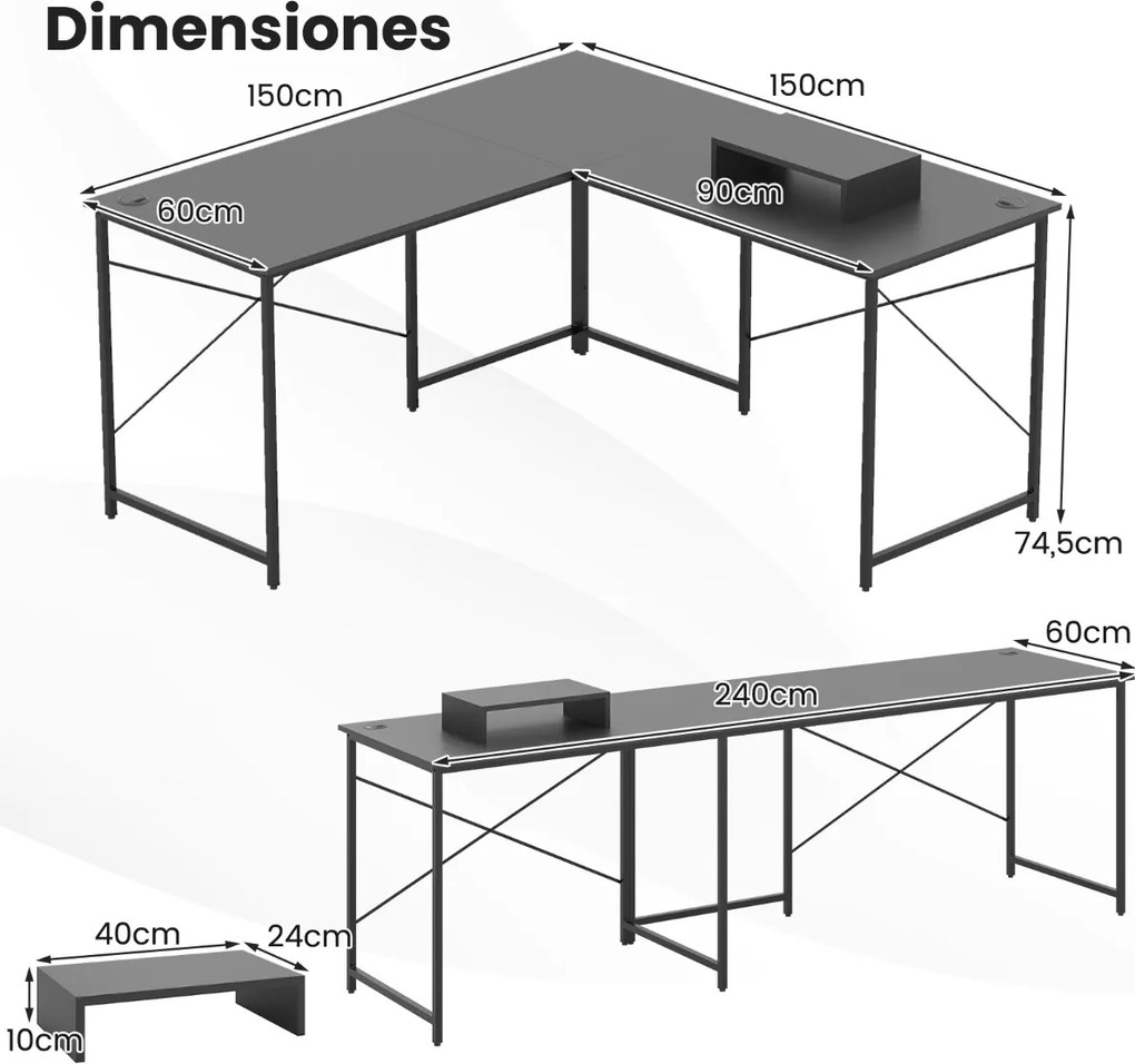 Secretária em forma de L 150 cm reversível com suporte para monitor removível e gestão de cabos para escritório em casa cinzento