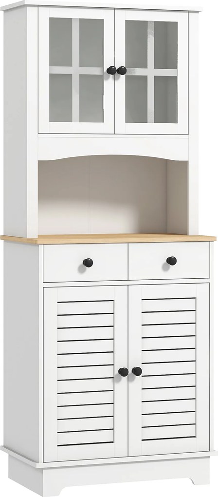 HOMCOM Armário de cozinha com portas de vidro, 2 gavetas, armário de louça, armário de sala de jantar, madeira, 68 x 39,5 x 170 cm, Branco | Aosom Portugal
