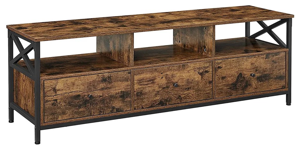 Suporte de TV VASAGLE, móvel para TV de até 65 polegadas, mesa de TV com 3 gavetas e 3 prateleiras abertas, 40 x 147 x 50 cm, para sala de estar, quarto, estrutura de aço, marrom rústico e preto LTV301B01