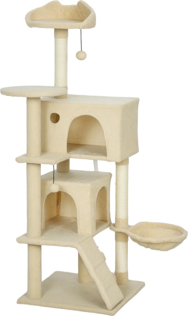 PawHut Arranhador para Gatos com Múltiplas Plataformas Cama 2 Cavernas Rede Escada Postes de Sisal 48x48x140 cm Bege | Aosom Portugal