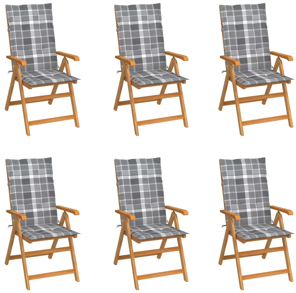 Cadeiras jardim c/ almofadões xadrez cinzento 6 pcs teca maciça