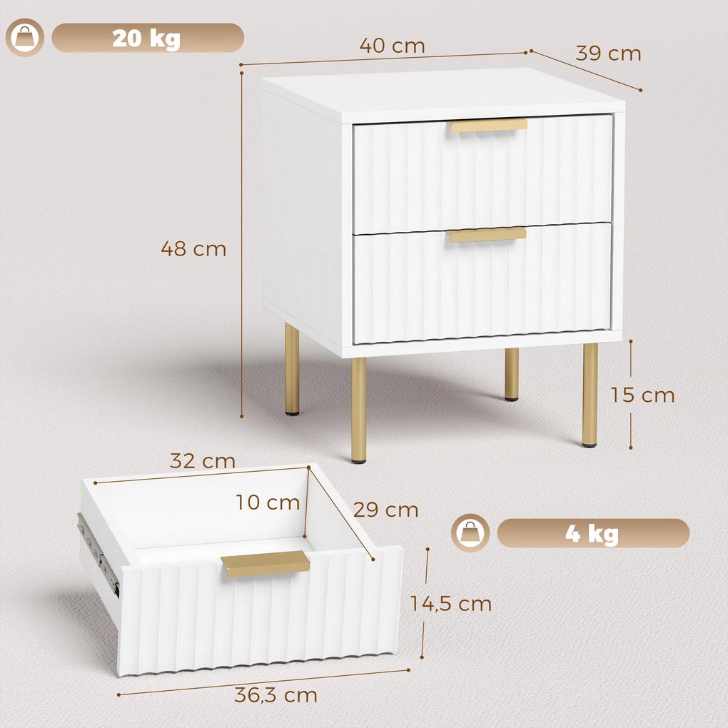 Mesa de cabeceira com ranhuras 40 (L) x 39 (P) x 48 (A) cm, 2 gavetas e pés em aço, para quarto, sala de estar, branca