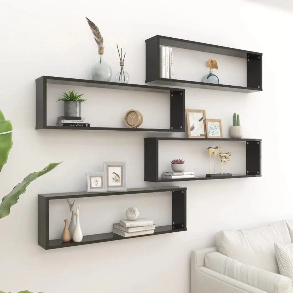 vidaXL Estantes de parede cúbicas 4pcs contr. 100x15x30cm preto brilh.