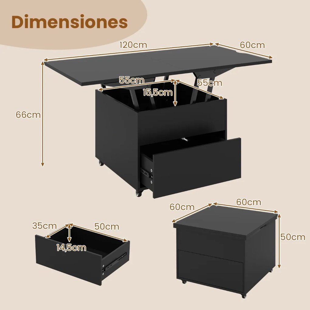 Mesa de centro elevável dobrável 3 em 1 com gaveta de armazenamento oculta e rodas bloqueáveis 360° Móvel preto
