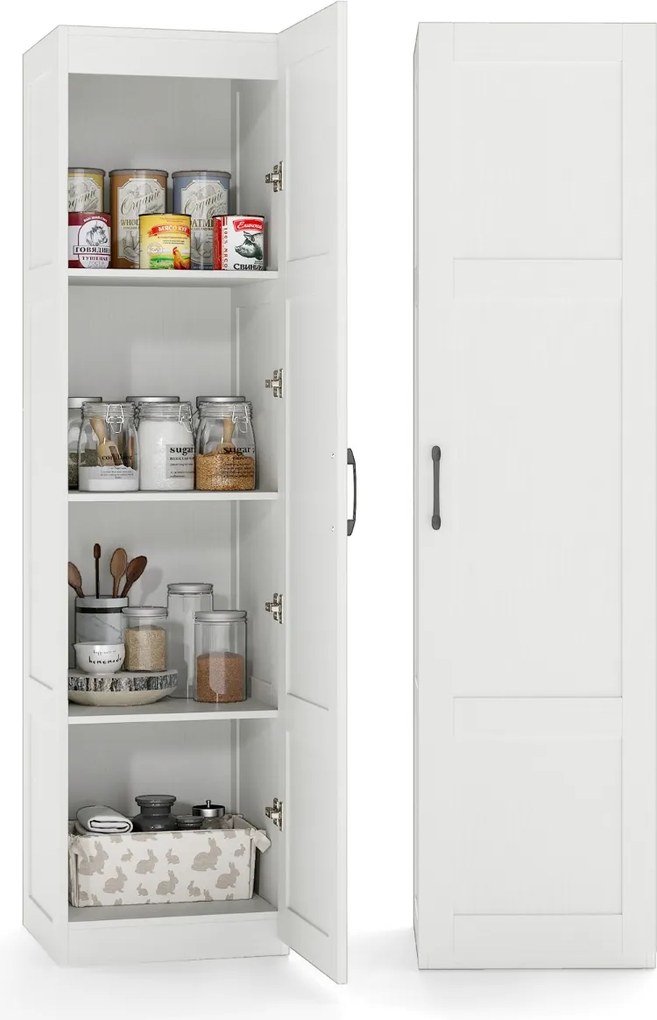 Armário alto de armazenamento 37,5 x 40 x 150 cm com 4 níveis e porta para cozinha ou sala de estar Branco