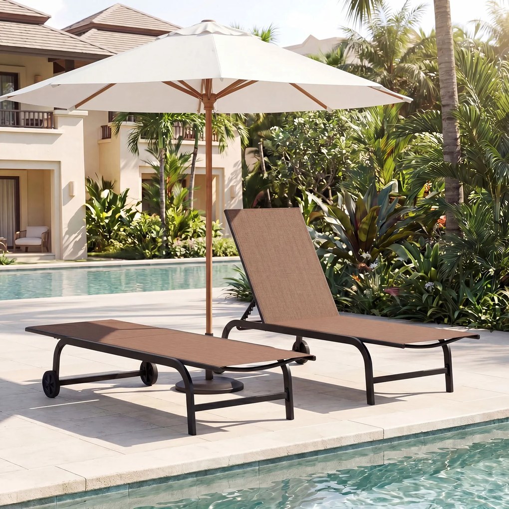 Conjunto de 2 Espreguiçadeiras de Jardim, 190 x 69 cm, Encosto Ajustável em 6 Posições, Castanho