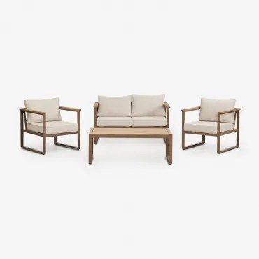 Conjunto De Jardim Com Sofá De 2 Lugares, 2 Poltronas E Mesa De Centro Em Alumínio E Madeira De Acácia Lipov Moka Brown - Sklum