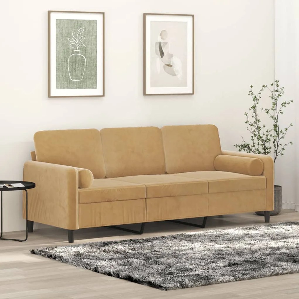 Sofá 3 lugares c/ almofadas decorativas 180 cm veludo castanho
