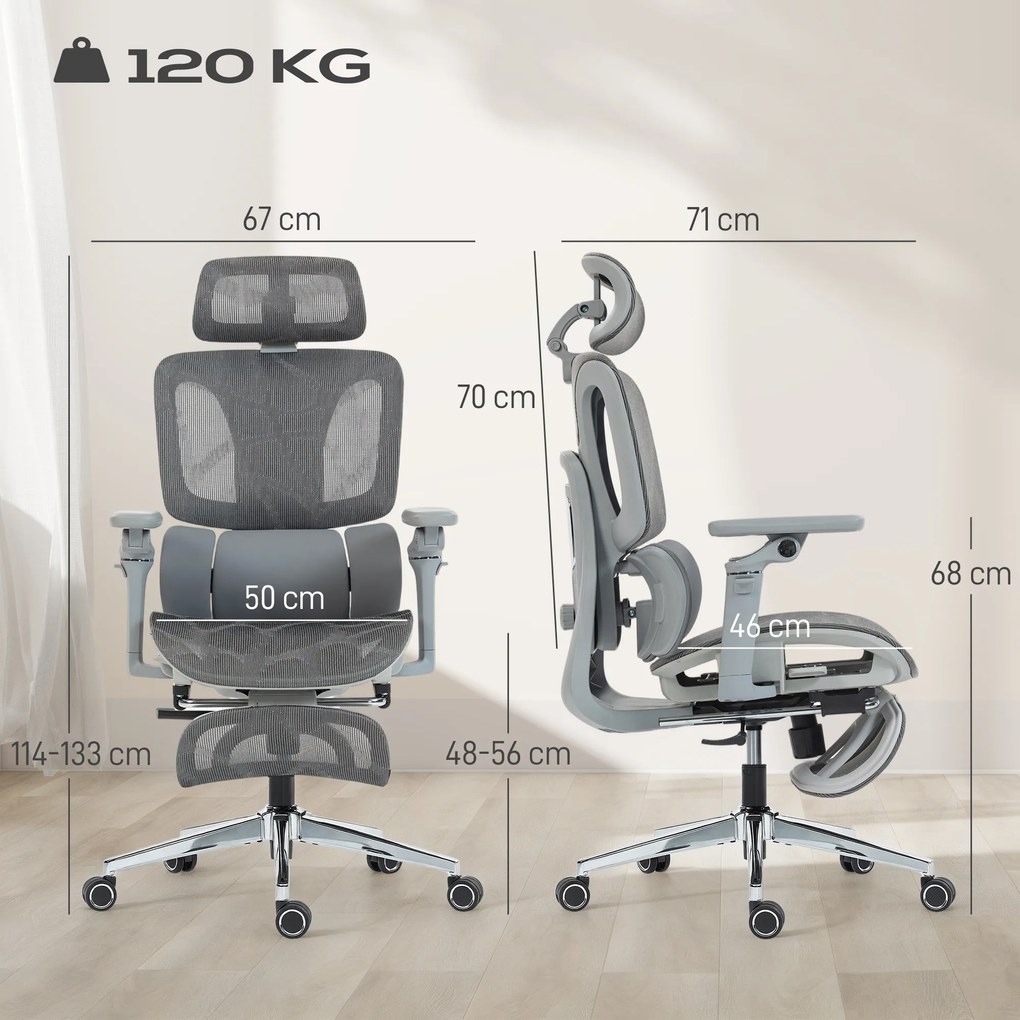 Cadeira de escritório ergonómica com braços, encosto 6D, apoio para a cabeça e profundidade do assento ajustáveis, em malha cinzenta
